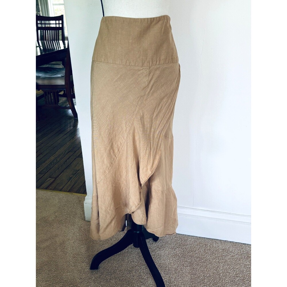 Bandolino Linen Blend Faux Wrap Midi Skirt Sz 14 Tan Asymmetric